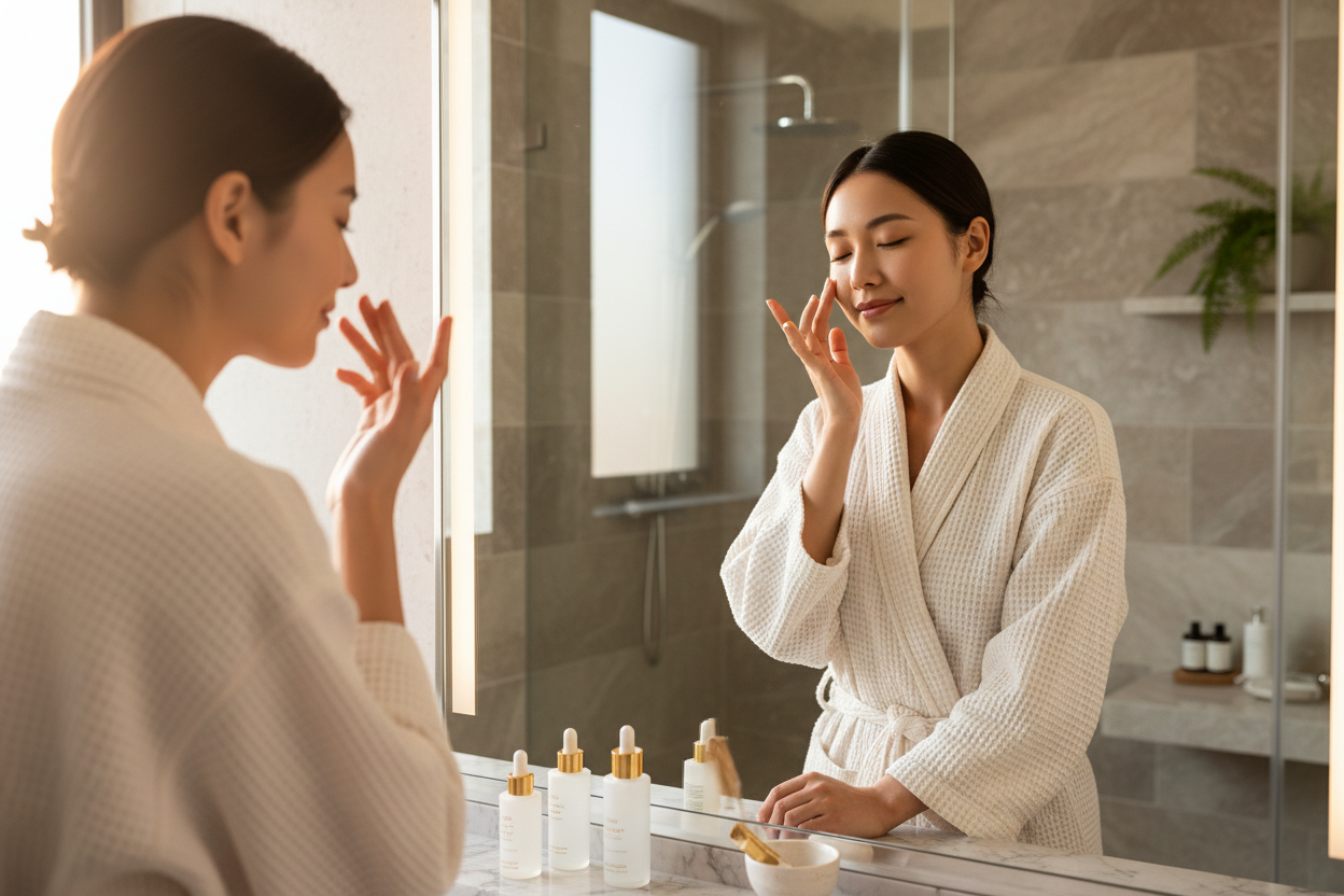 girl taking skincare at home at bathroom